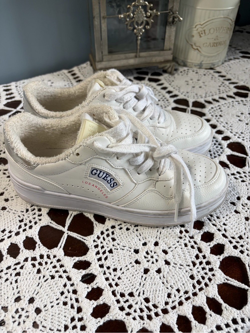 GUESS Sybela LowTop White Lace-Up Sneakers with Silver & Guess Logo Patch